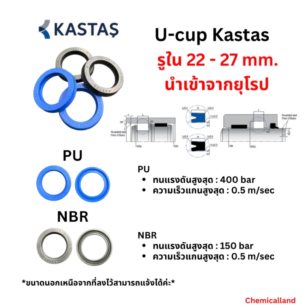 ซีลยูคัพ Kastas U-cup seal โตใน 22-27 mm. เนื้อ PU/NBR ซีลไฮดรอลิค