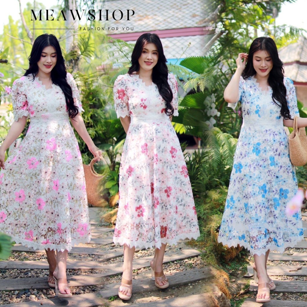 Maxi dress ผ้าลูกไม้พิมพ์ลาย คอวี L-6XL ชุดสาวอวบ อ้วน ชุดใส่ทำบุญ ลูกไม้ ชุดไปวัด ชุดงานหมั้น ชุดไป