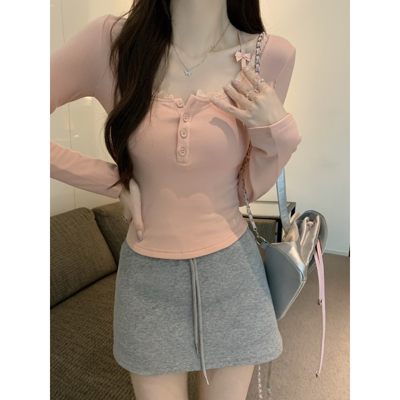 เสื้อแขนยาวแต่งโบว์(เสื้อมีฟองน้ำคะ)