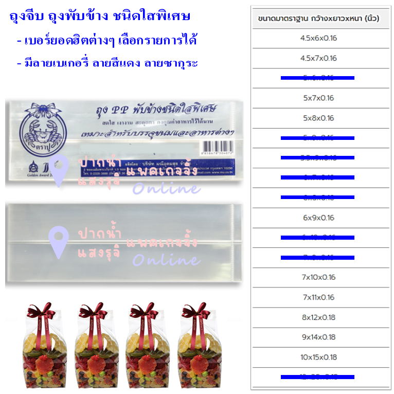 ถุงจีบตราปู ถุงพับข้างใสชนิดพิเศษ รวมเบอร์ เลือกแบบได้ 1แพค/500ก **มีส่งด่วน