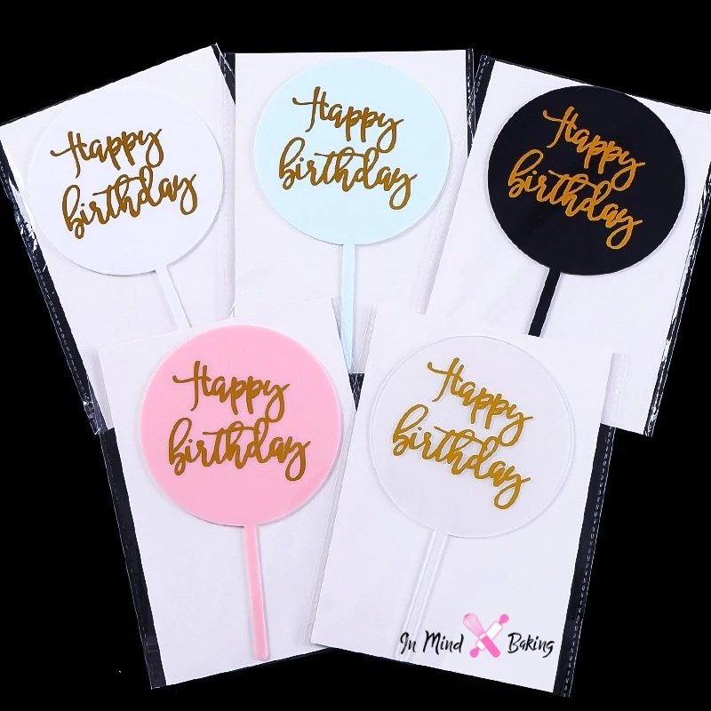 ป้ายวันเกิด ป้ายปักเค้กอะคริลิค ป้ายhappy birthday วงกลม สี Pastel(ใส)