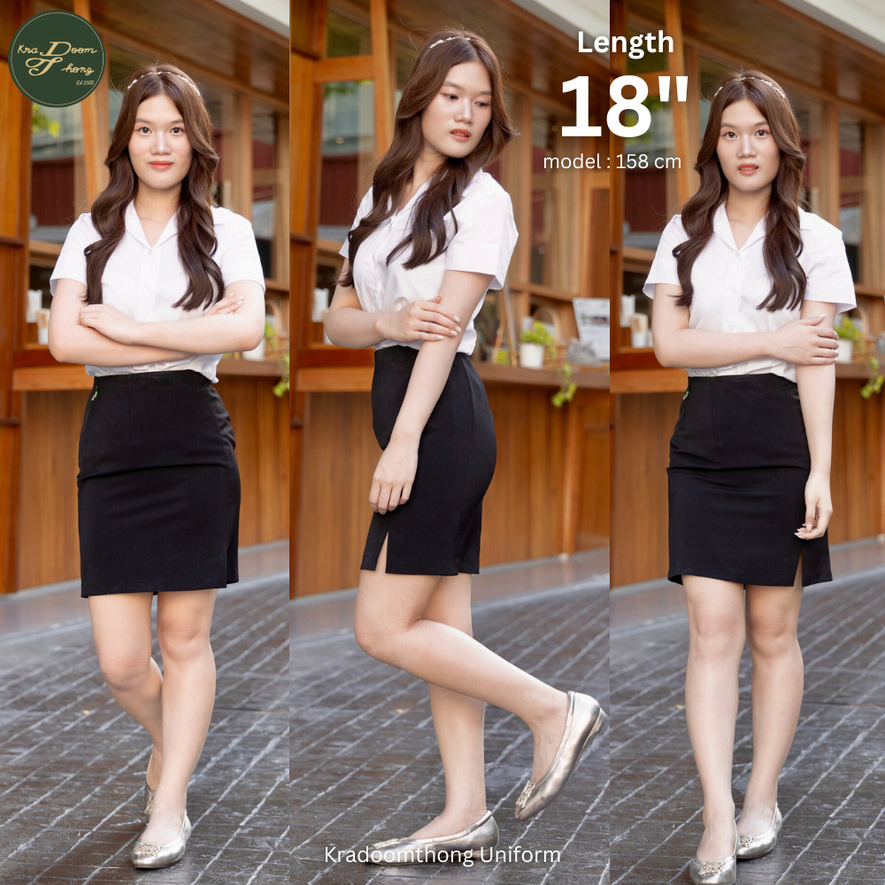 กระโปรงนักศึกษา ทรงเอ ผ่าหน้า❗️มีกระเป๋า สำหรับสาวสะโพกใหญ่ เอวเล็กสะโพกชัด เอวไม่หลวม ผ้าซุปเปอร์นาโน สีดำ| กระดุมทอง รูปที่ 5