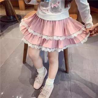 Babyonline(Y527)L2 (ส่งด่วน1วัน)กระโปรงกางเกงแฟชั่นจีบ2ชั้นพลีสแต่งลูกไม้สําหรับเด็กผู้หญิง มีซับใน