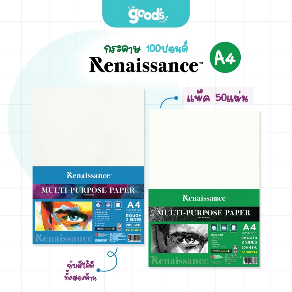 กระดาษ 100ปอนด์ Renaissance กระดาษวาดเขียน A4 ผิวหยาบ/ผิวเรียบ หนา 200G (แพ็ค 50