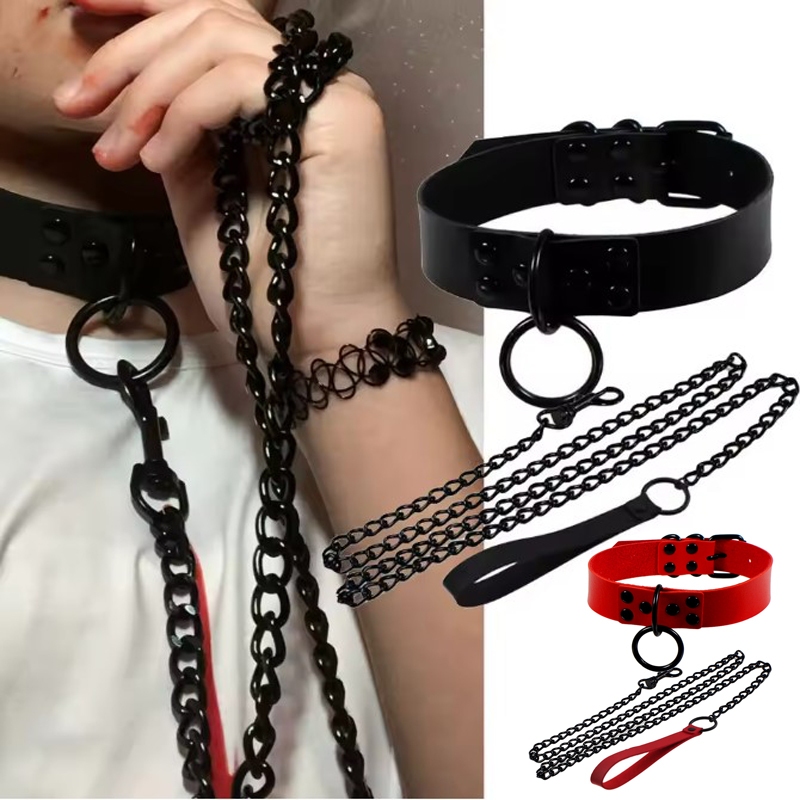 สายคล้องคอ สร้อยคอ Dark Nightclub Gothic Style Leather Collar Necklace Personality Fashion Black Nail O-Shaped