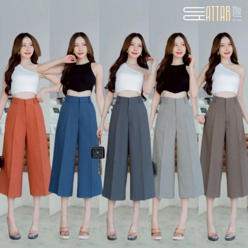 กางเกงขากระบอกเอวสูง7ส่วนมีหู️ ซิปหน้า ตอกตะขอ ผ้าฟลอร่า ลายสล๊าฟ ยาว31-32“