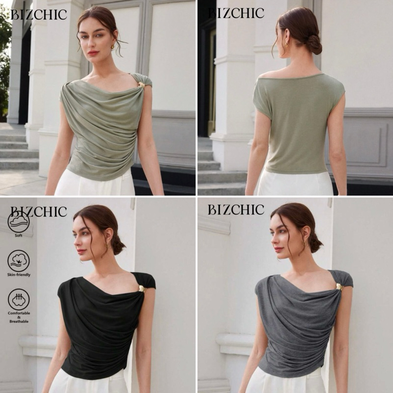BizChic เสื้อยืดหญิง สีพื้นสีทึบ ทรงอสมมาตร รูชีด สำหรับฤดูร้อน