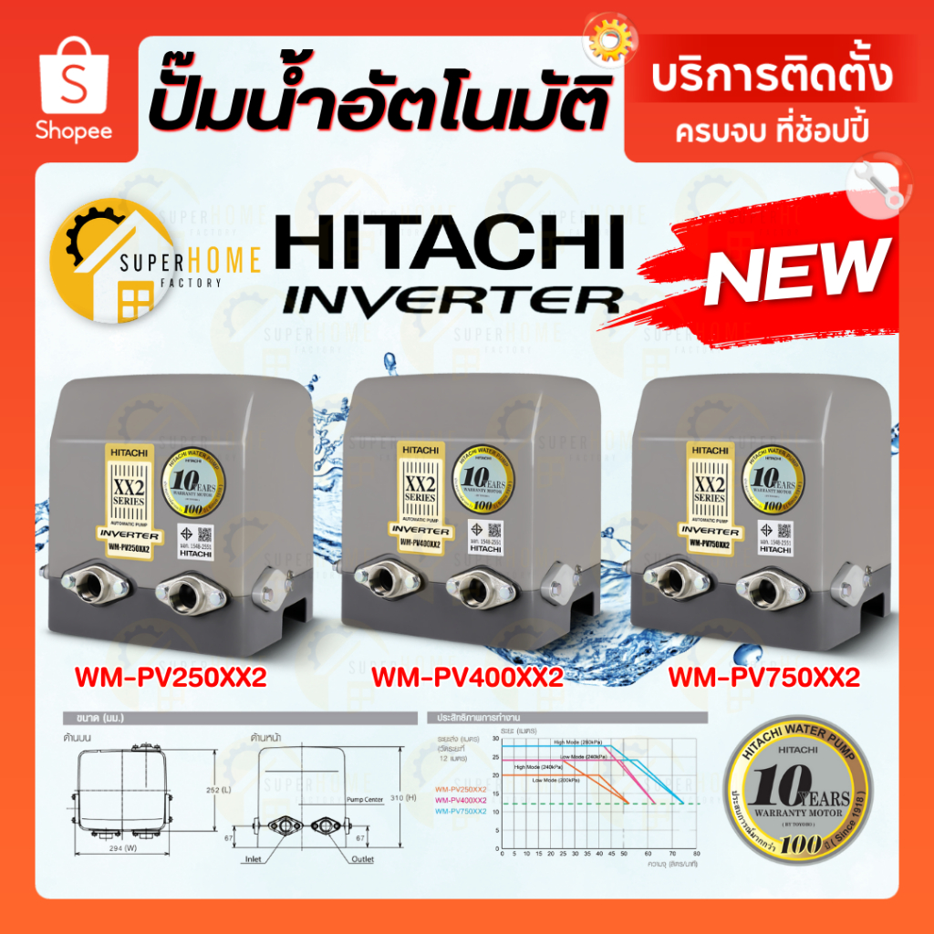 NEW ปั๊มอินเวอเตอร์ HITACHI WM-PV250XX2 รุ่น WM-PV400XX2 รุ่น WM-PV750XX2  ปั๊มน้ำอัตโนมัติ WM-P250X