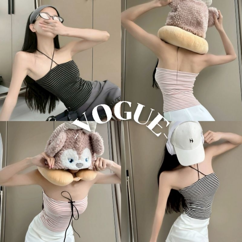 Vogue🌟พร้อมส่ง🌟 เสื้อเกาะอก มีฟองน้ำ ดีเทลลายทาง ยืดพอดีตัว (FY1840)
