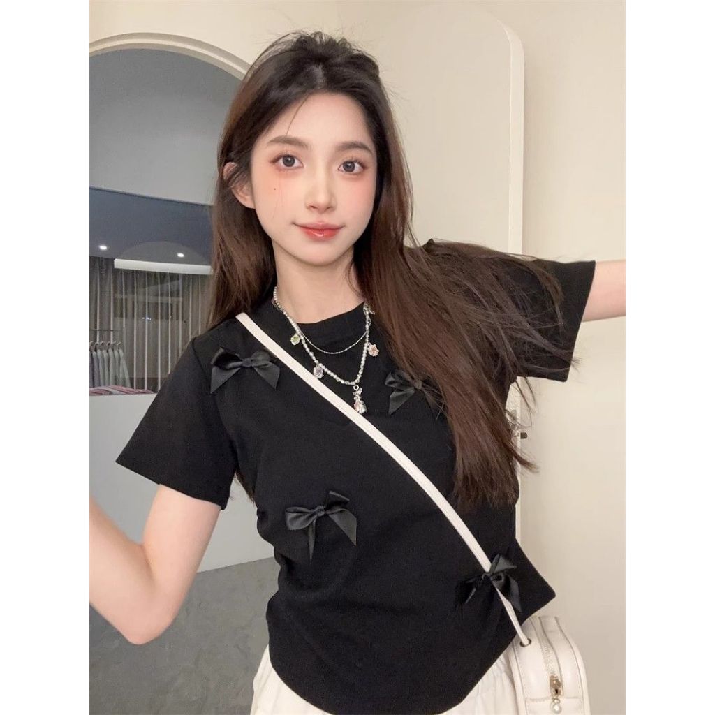 เสื้อยืดผู้หญิง แขนสั้นผูกโบว์ คอกลม ทรงเข้ารูป น่ารัก รูปที่ 7