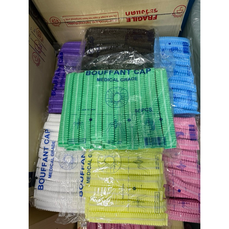 *ขายดี*ยกลัง 1,000ชิ้น 20แพ็ค หมวกคลุมผม Bouffant Cap 7สี หมวกตัวหนอน Biosafe แพค 50 ชิ้น