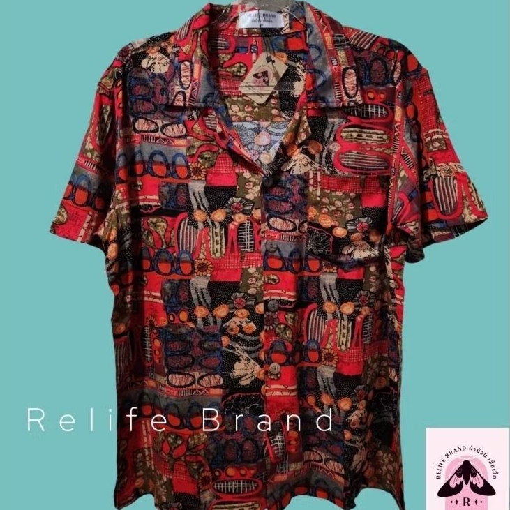 เสื้อเชิ้ตฮาวาย ลายวงๆพื้นแดงอมส้ม ใส่ได้ทั้ง ช ญ ผ้าสปันเรย่อน พร้อมส่ง