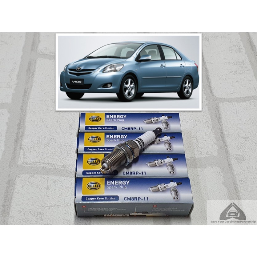 หัวเทียน Toyota Vios XP90 ( 2007 - 2012 ) รุ่น 1.5 ขั้วนิคเกิ้ล ชุด 4 หัว : Hella CM8RP-11