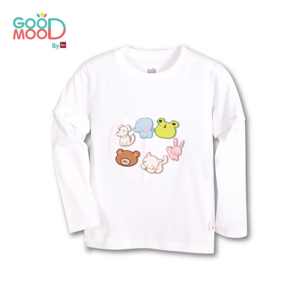 Good Mood by bsc เสื้อยืดคอกลมแขนยาวถอดแขน สีขาว + PATCHES ลายสัตว์ 6 ชิ้น สำหรับเด็กอายุ 2-3 ปี ผ้าคอตตอน