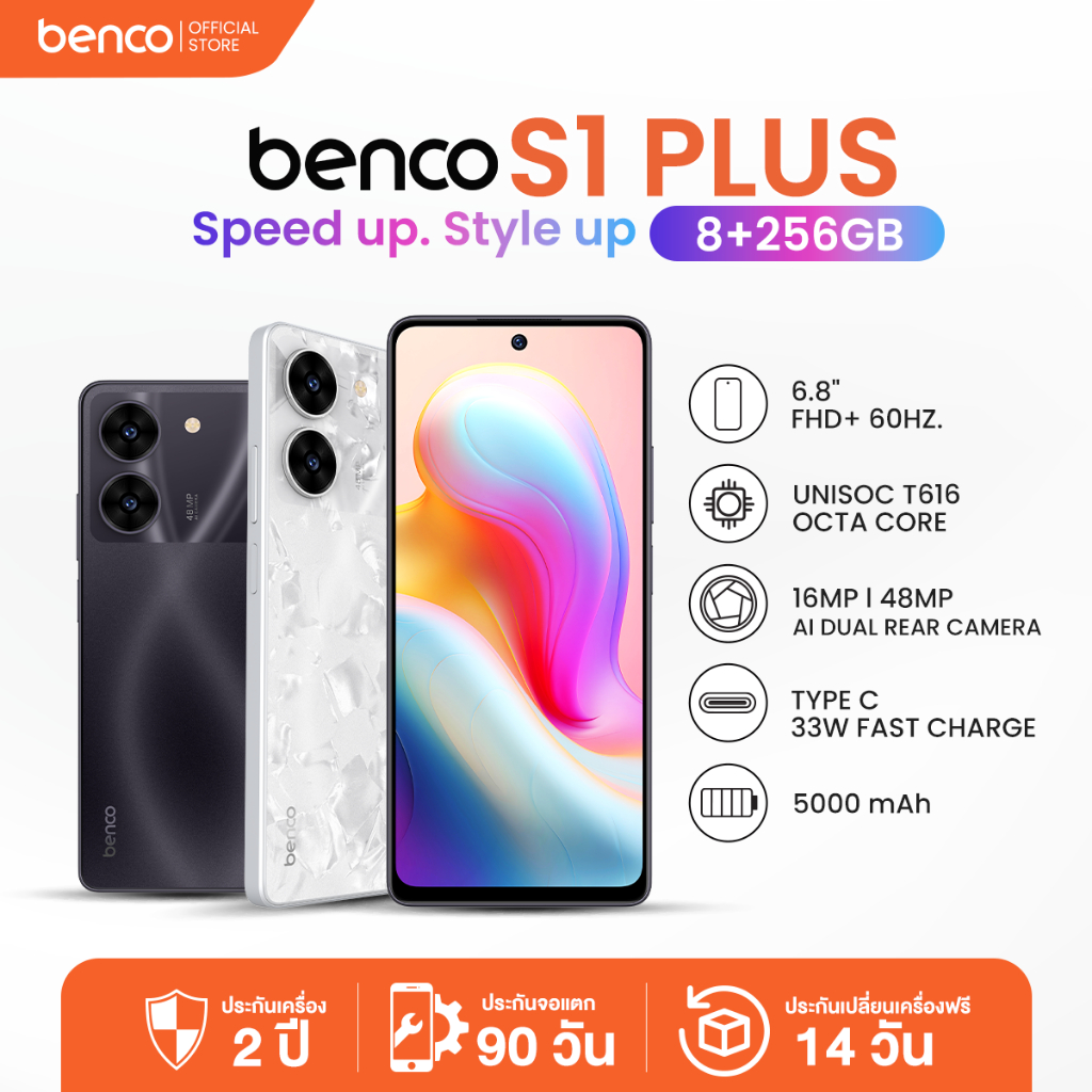 [Benco Thailand][ฟรี ลําโพงบลูทูธ+หูฟัง] โทรศัพท์ มือถือ Benco S1 Plus (8+256GB) 4G LTE หน้าจอ 6.8" 