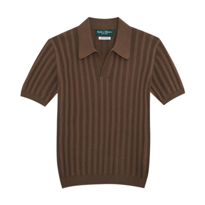 [ส่วนลด25% ELHAEA66] MadetoMature Stripe Textured Knitted Skipper Polo - Chestnut เสื้อโปโลลายทางปกสกิปเปอร์ สีเชอร์นัส