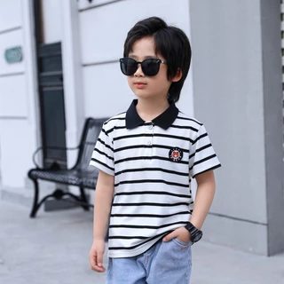 เสื้อสีดำลายเส้น เสื้อโปโลเด็กผู้ชาย ลายริ้ว ผ้าฝ้าย ใส่สบาย พร้อมส่งในไทย #22101