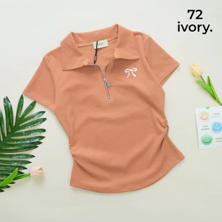 VV105-VV909 VV206-ป้ายIVORYเสื้อยืดผ้ายูนิโคล่ คอปก แต่งปักโบว์ข้าง แขนสั้นหยุมข้าง