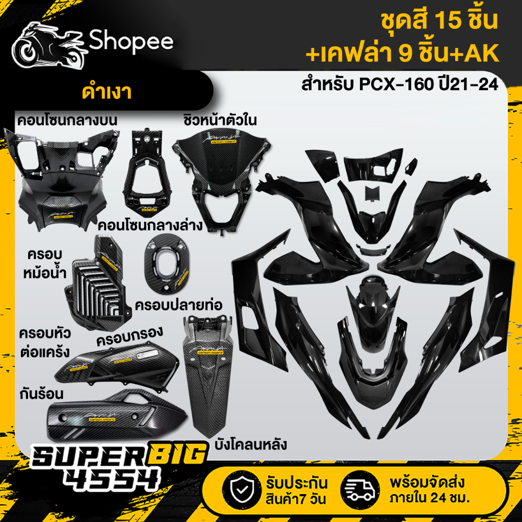 [เลือกด้านใน ชุดสีหรือ+เคฟล่า 9ชิ้น+AK] ชุดสี PCX-160 ปี21-24 ดำเงา ประกบสนิดทุกจุด
