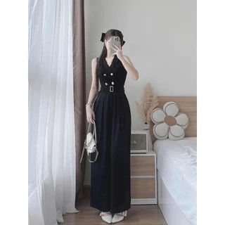 จั๊มสูทยาว ผ้าวูลเวฟ ดีไซน์หรูหรา แขนกุด แต่งกระดุมหน้าพร้อมสายเข็มขัด