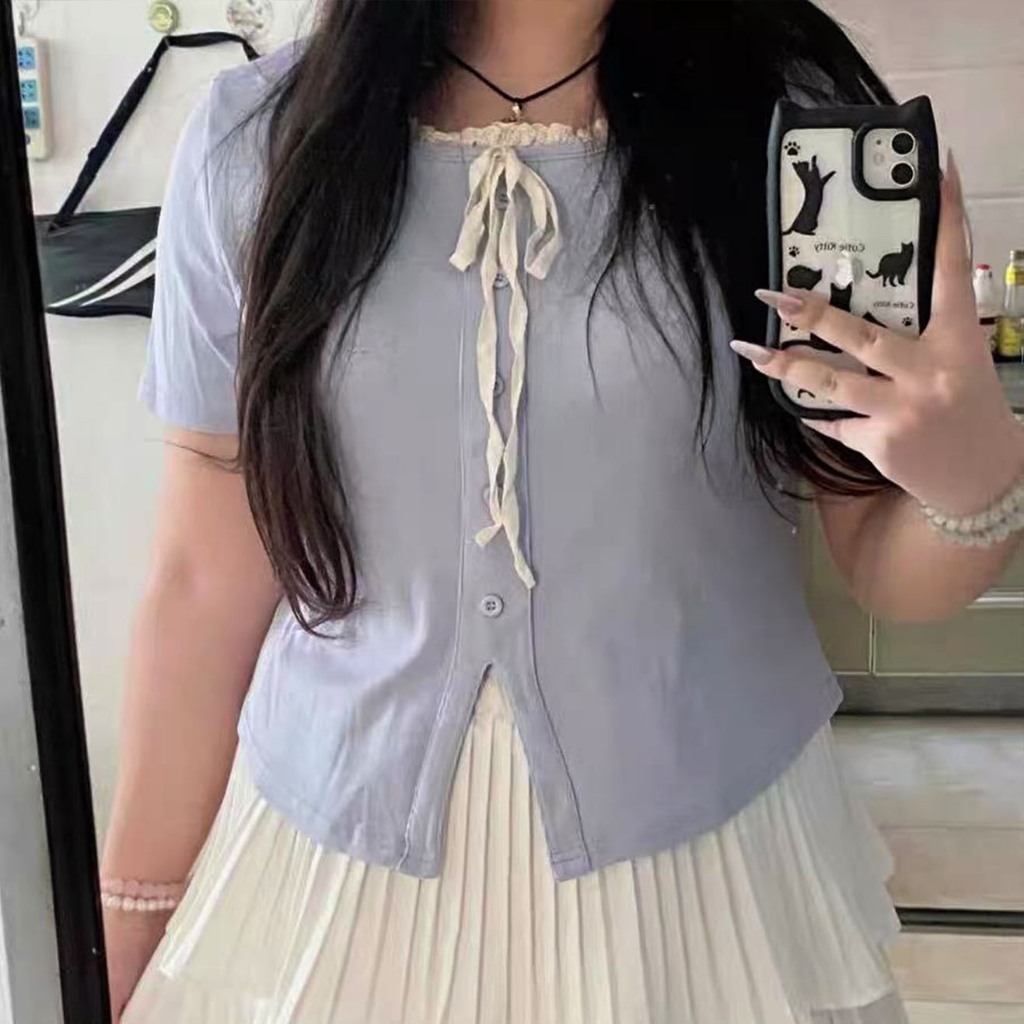 ขนาดใหญ่สี่เหลี่ยมลูกไม้ด้านหน้าไหล่เสื้อยืดแขนสั้นผู้หญิงฤดูร้อนไขมันเล็กน้อย mm บางด้านบนขนาดเล็ก - รูปที่ 3