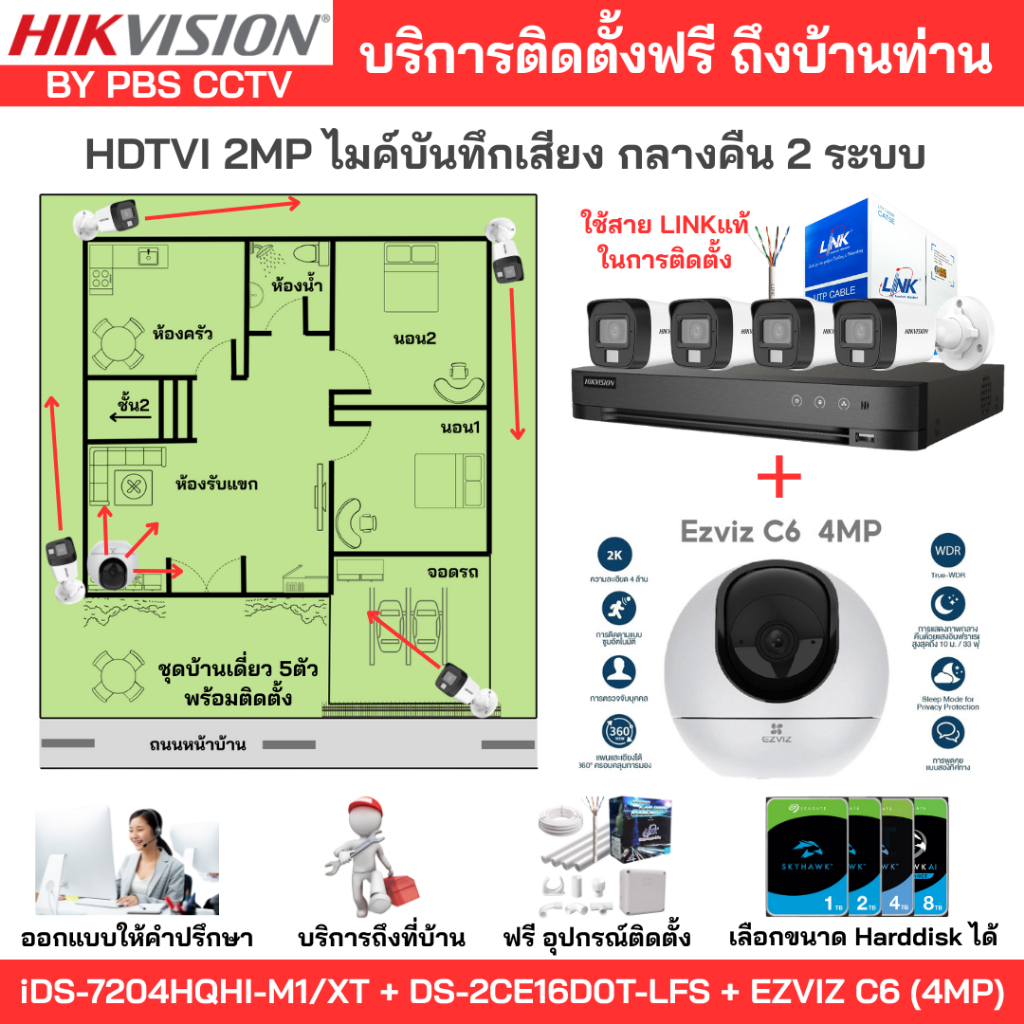 [ติดตั้งฟรี] ชุด5ตัว HIKVISION 2MP บันทึกเสียง iDS-7204HQHI-M1/XT + DS-2CE16D0T-LFS + EZVIZ C6[4MP]