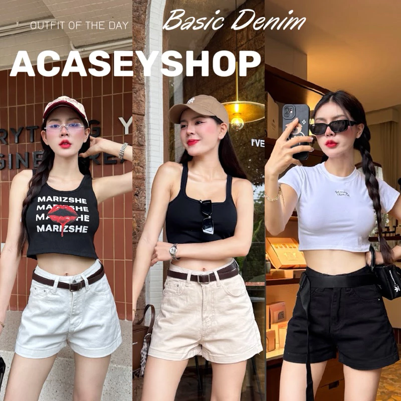 Acasey กางเกงยีนส์ผู้หญิง ขาสั้น ผ้ายีนส์ไม่ยืด ป้าย vintage ใส่สบาย ไซส์ S - XL รุ่น vintage Short