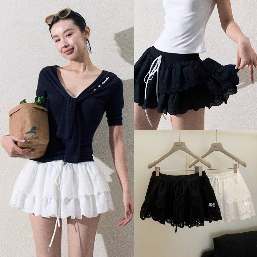 🧡🧵 🇰🇷 W5227 กระโปรงสั้น ผ้าฉลุ แต่งสองชั้น เอวสามารถยืดหยุ่นได้ผ้แฟชั่นเกาหลี TAG WG.WE 🧵🧡