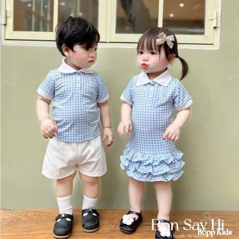 ✅พร้อมส่ง  👧🏻👦🏻ชุดเซตเด็กผู้ชาย/ชุดเดรสเด็กผู้หญิง P0L0 ลายสก๊อตสีฟ้าขาว ชุดคู่พี่น้องใส่คู่กันน่ารักมาก
