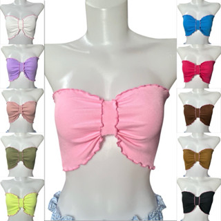 Sns393🎀เสื้อเกาะอก🎀โบว์แต่งขอบหยักชมพู🎀ผ้าร่องribอกไม่เกิน34…