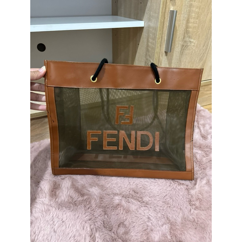 ❌Sale❌ กระเป๋า FENDI Tote Bag mesh Marron Auth 37305 (Vintage) มือสอง ของแท้ 💯