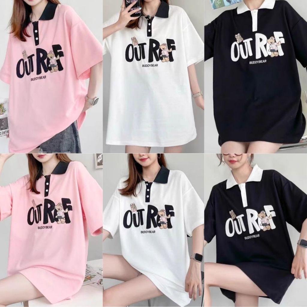 เสื้อแขนสั้นคอปกน่ารักๆ Free Size งานปัก OUT ROF กระดุมคอแกะได้ ผ้าคอตตอล สินค้าพร้อมส่ง A80