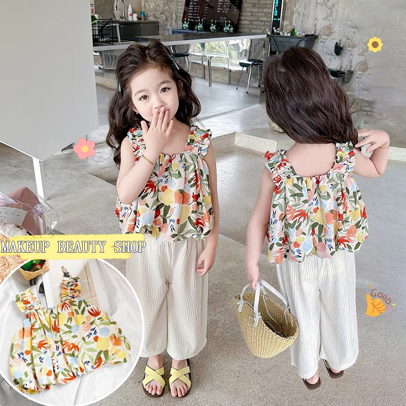 1-9 ปี ใหม่ ชุดเซ็ตเด็กผู้หญิง แขนกุด ลายดอกไม้ เสื้อ+กางเกง ผ้านิ่ม ใส่สบาย ทันสมัยและลำลอง