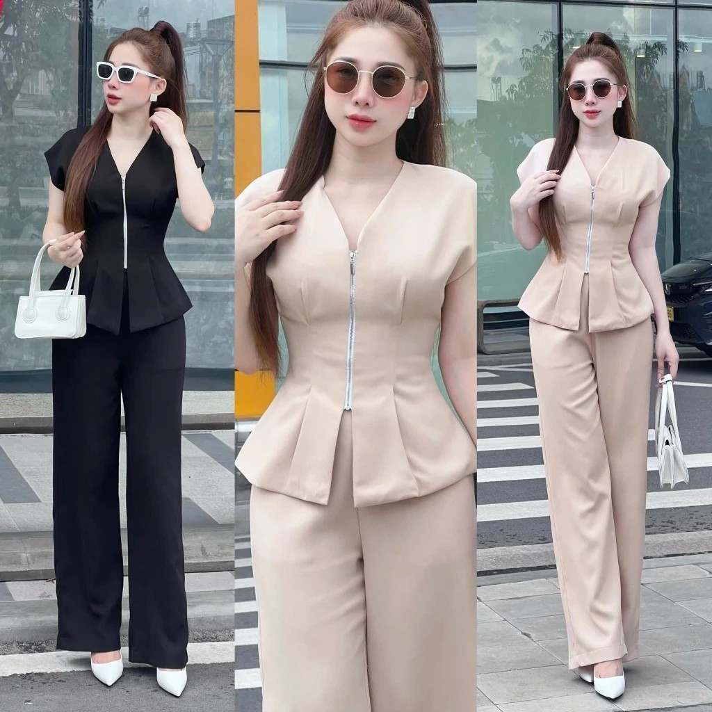 Set 2 ชิ้น ชุดสูท แฟชั่น ซิปหน้าเรียบหรู  ชุดเซ็ทกางเกงขายาว สำหรับผู้หญิง เสื้อผ้าแฟชั่นผู้หญิง A6611