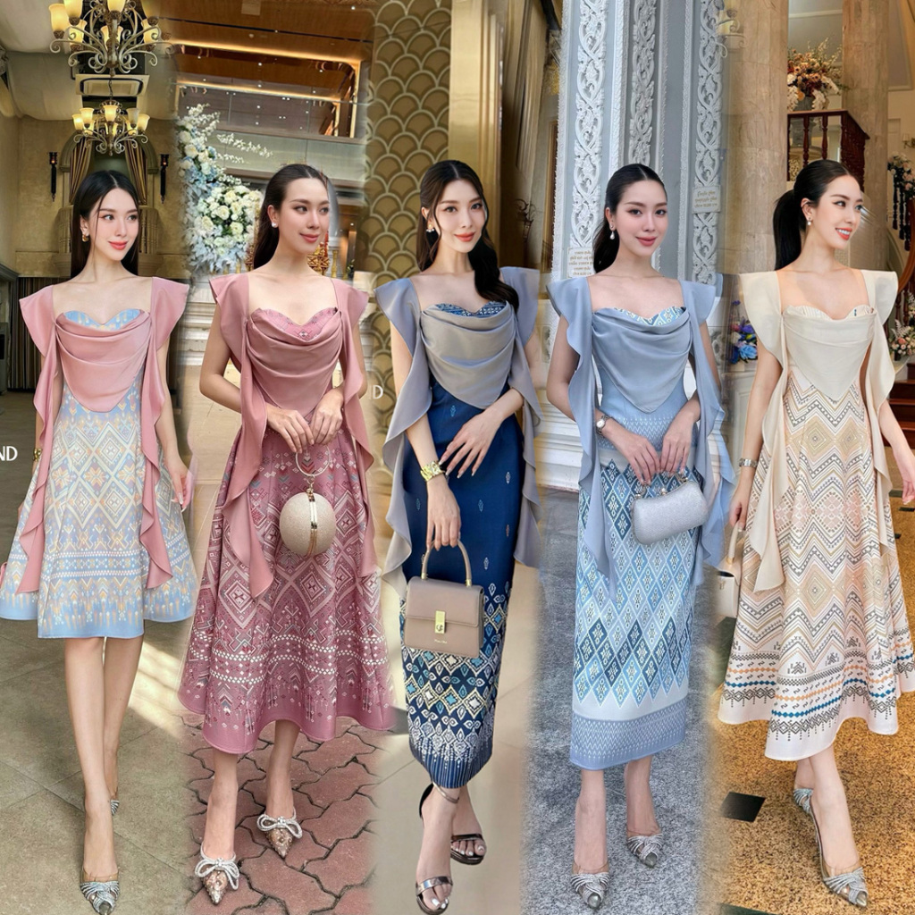 S-XXL ชุดเดรสลายผ้าไทยสวยๆ สีฟ้า/ชมพู/กรม ใส่ทำบุญ ไปวัด ไปงานแต่งงานบวช  #Athena #ชุดไทยประยุกต์