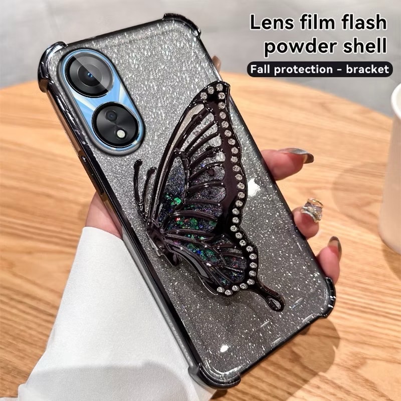 เคส กริตเตอร์ หรูหรา สำหรับ  OPPO A18 A38 A17 A17K A78 A58  เคสกันกระแทก ป้องกันกล้อง ผีเสื้อ น่ารัก ตั้งได้
