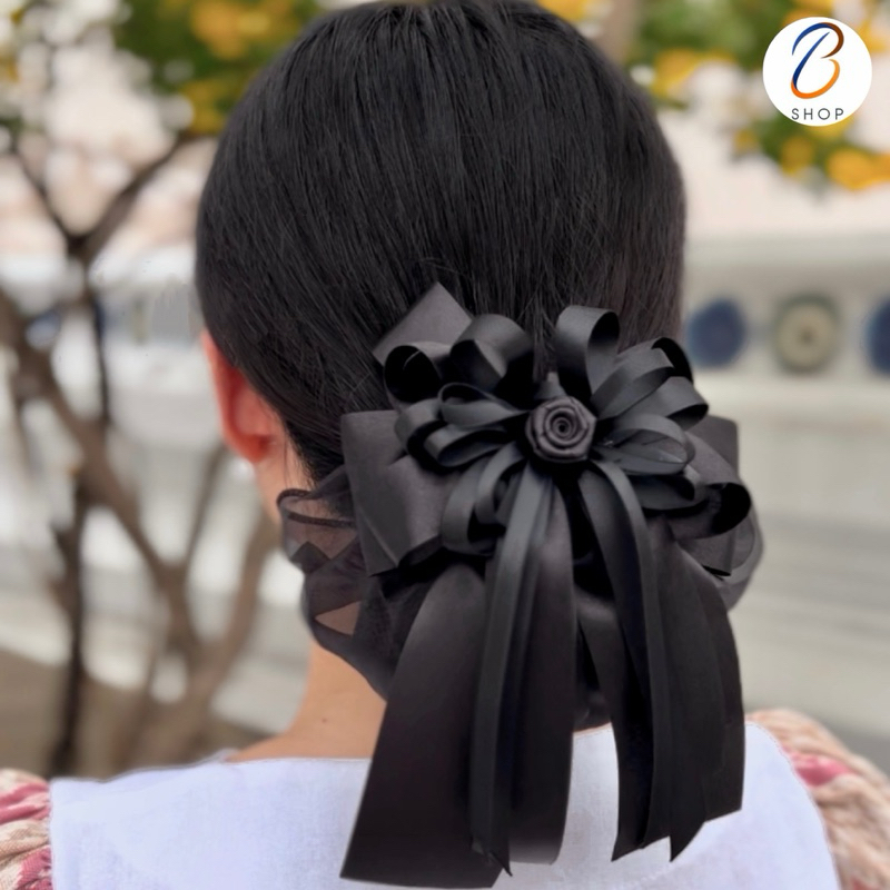 เน็ตติดผม สีดำ ขนาดกลาง แบบคลุมผม 2ชั้น ตกแต่งกุหลาบ