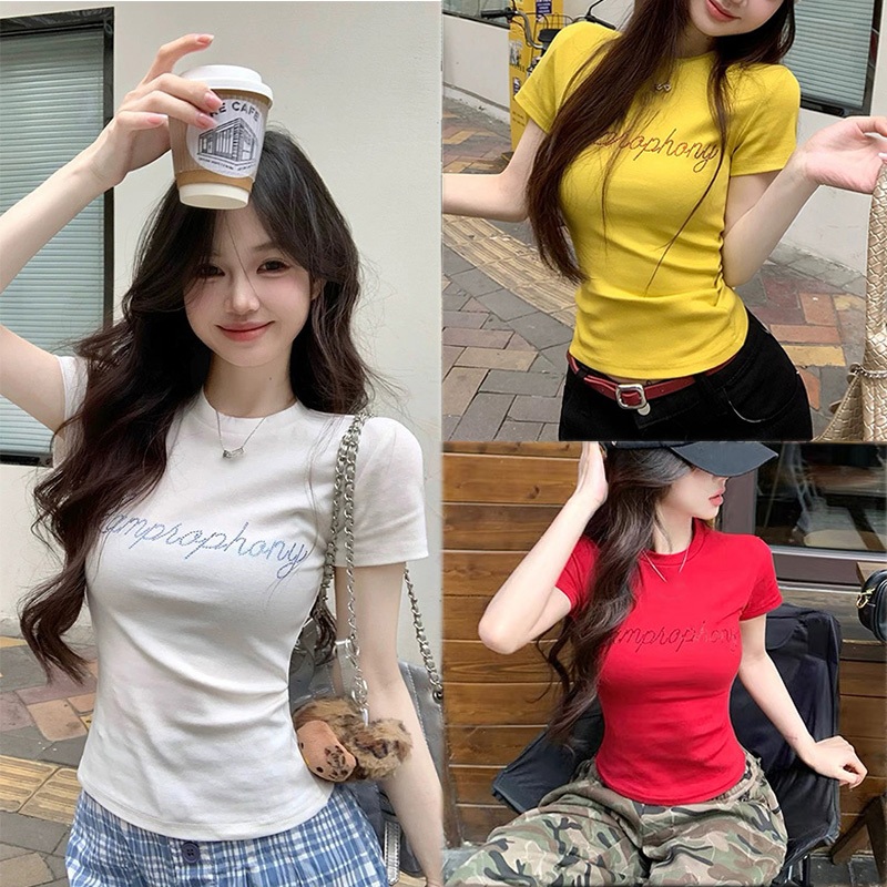 Anata เสื้อยืดผู้หญิง แขนสั้น สำหรับผู้หญิง สีเหลือง ประดับพลอยเทียม เหมาะสำหรับฤดูร้อน มาใหม่ ทรงสลิมฟิต ความยาวสั้น