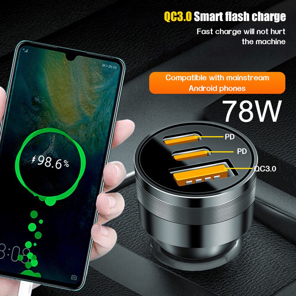 เครื่องชาร์จรถยนต์แบบชาร์จเร็ว 3-in-1 78W PD+PD+QC3.0 อะลูมิเนียมอัลลอยด์ เครื่องชาร์จรถยนต์แบบ TYPE