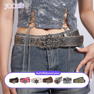 เข็มขัดแฟชั่นวินเทจ สาย PU สไตล์พังค์ ประดับหมุด Punk rock style belt