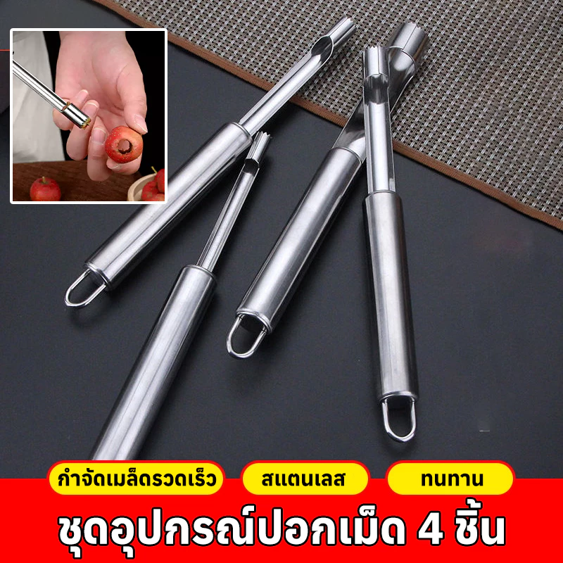 ชุดประกอบ 4 ส่วน ที่เจาะแกนผลไม้ เจาะผลไม้ ที่เจาะผลไม้สำหรับ ลำไย พุทรา แอปเปิ้ล เชอร์รี่ ฮอว์ธอร์น ลูกแพร์ สแตนเลสเกรด