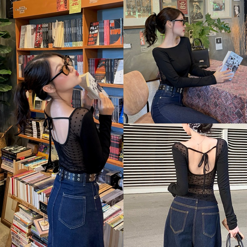 M55- เสื้อแขนยาว detail ด้านหลังเว้าผ้าซีทูลายจุด สไตล์เกาหลีน่ารักมาก