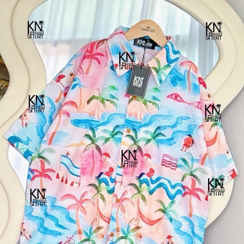 ราคาส่ง เสื้อฮาวายพิมพ์ลายทะเลลายคลื่น ทรงโอเวอร์ไซส์ ใส่ได้ทั้งครอบครัว อก 28-46"