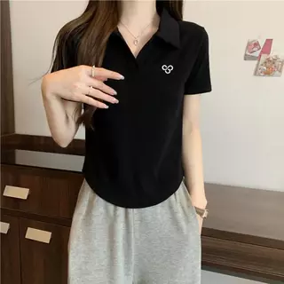 เสื้อโปโลครอปท็อป ผู้หญิง แขนสั้น สีพื้นเรียบ