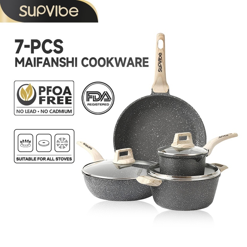 SUPVIBE ชุดกระทะหม้อ7ชิ้น กระทะเคลือบหินไมฟาน หม้อซุป ผัด ทอด ทำความสะอาดได้ง่าย ทำอาหารไม่ติด