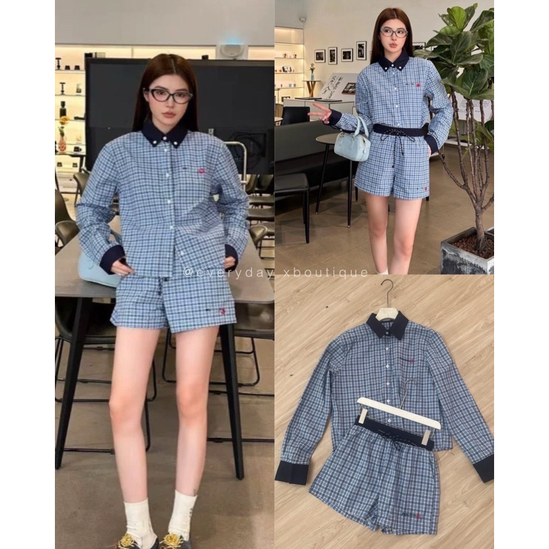 เซตสก๊อตฟ้า muimui🩵🖤(550฿) คอปก ขอบเเขนตัดด้วยผ้าสีกรม งานสวย น่ารัก ตัวผ้าทอเเบบค้อตต้อน งานนำเข้า ป้าย miumiu จ้า