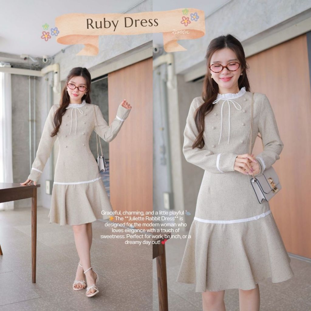 Romi"Oil" Ruby Dress K197 ชุดเดรสสีครีม (แขนยาวมีเชือกผูกคอ)