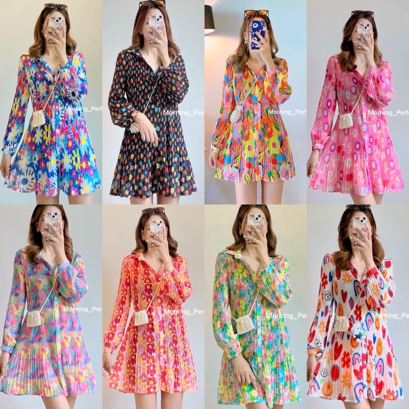 มินิเดรสอัดพลีท เดรสสั้น ผ้าชีฟอง ลายดอกไม้ ลายกราฟฟิก เกาหลีสุดๆ สาวอวบใส่ได้