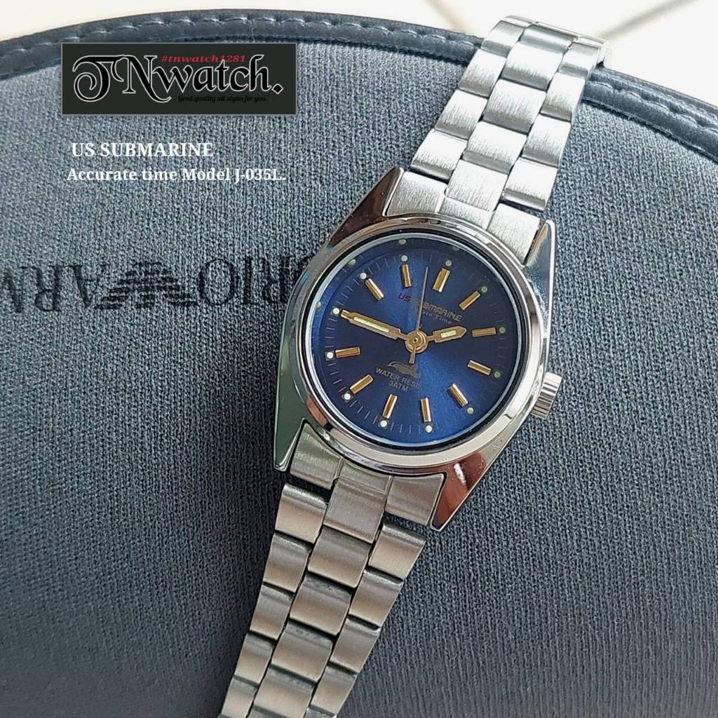 us submarine รุ่น J-035L นาฬิกาผู้หญิง นาฬิกาข้อมือผู้หญิงสายเหล็กสีเงิน หน้าปัดน้ำเงิน แบบมีวันที่ 