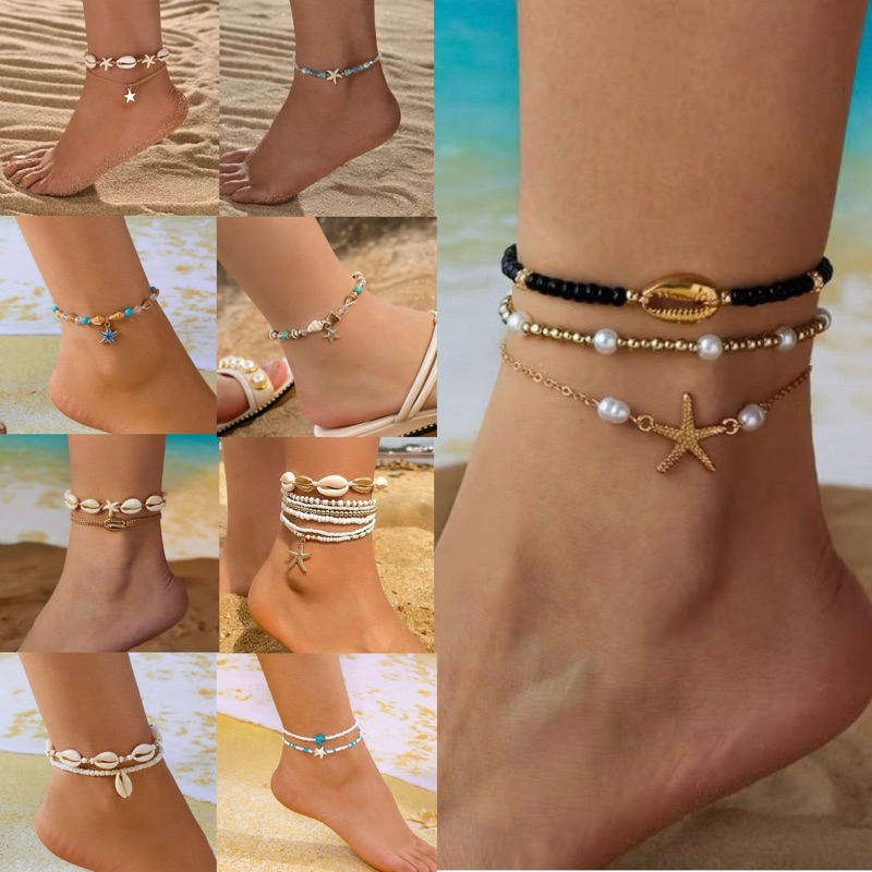 กำไลข้อเท้าเปลือกหอย สไตล์โบฮีเมียน สร้อยข้อเท้าสำหรับผู้หญิง  กําไลข้อเท้าลูกปัดวินเทจ สร้อยข้อเท้าทะเล